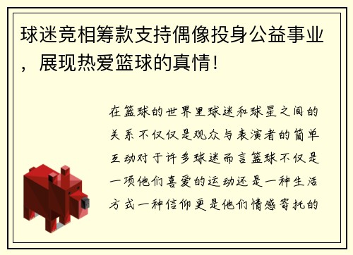 球迷竞相筹款支持偶像投身公益事业，展现热爱篮球的真情！