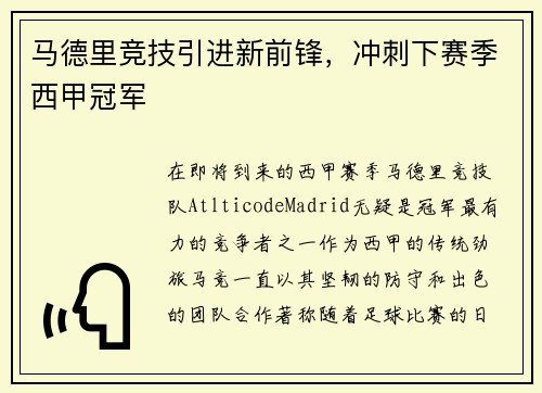 马德里竞技引进新前锋，冲刺下赛季西甲冠军